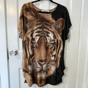 Portman Fashion Tiger Face Tunic Scoop Neck Cap sleeve, Size Large (L)